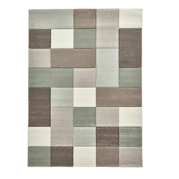 Beige & Green Geometric Rectangle & Square Pattern Modern Floor Rug